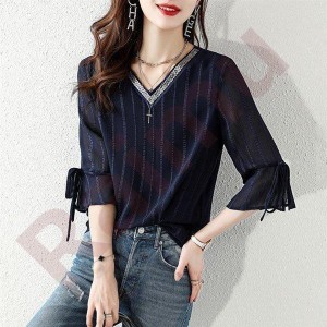 ブラウス レディース 半袖 夏服 40代 20代 トップス シャツ Vネック シフォン tシャツ きれいめ 可愛い 着痩せ 韓国風 おしゃれ カジュア