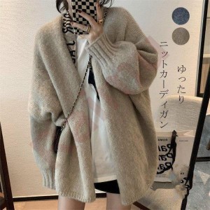 コート 秋冬 レディース ニット チュニック トップス アウター coat カーディガン ニットカーデ 上着 長袖 無地 ノーカラー ゆったり 体