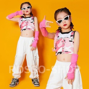 キッズ ダンス衣装 セットアップ hiphop ヒップホップ ジャズダンス ピンク 迷彩 ベスト ステージ衣装 へそ出し 韓国 チアガール 演奏会 