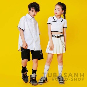 キッズ ダンス衣装 黒 白 セット ジャズダンス チアガール 男の子 ヒップホップ へそ出し 韓国 HIPHOP 練習着 ステージ衣装 体操服 応援