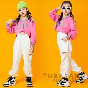 ダンス 衣装 キッズ 可愛い ピンク 長袖 トップ 白 パンツ セット ジャズダンス チアガール ガールズ へそ出し ヒップホップ 応援団 HIPH