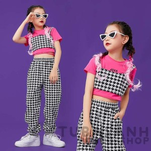 キッズ ダンス衣装 可愛い ピンク黒 白 チェック セット ジャズダンス チアガール ヒップホップ へそ出し 韓国 HIPHOP 練習着 ステージ衣