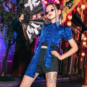 キッズ ダンス衣装 レトロ 紺 半袖 セット ジャズダンス チアガール ヒップホップ へそ出し 韓国 HIPHOP 練習着 ステージ衣装 応援団