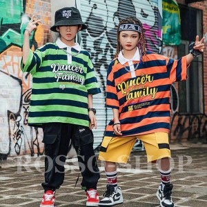 キッズダンス衣装 ヒップホップ HIPHOP 半袖 ストライプ柄 虹色 トップス へそ出し パンツ ズボン 女の子 男の子 チア ステージ衣装 練習