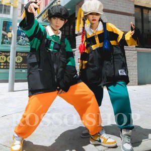 キッズダンス衣装 ヒップホップ HIPHOP 長袖 ストライプ柄 虹色 トップス へそ出し デニムパンツ ズボン 女の子 男の子 チア ステージ衣