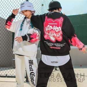 ダンス 衣装 キッズ ガールズ 男の子 パーカー 黒 白 セットアップ 春 秋 ヒップホップ ジャズダンス 練習着