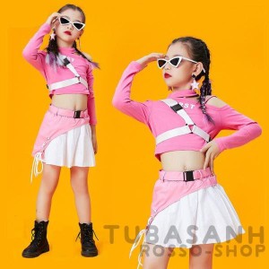 ダンス 衣装 韓国 キッズ チアガール ガールズ ピンク 可愛い トップス 白 スカート セットアップ ジャズダンス ヒップホップ 応援団 HIP