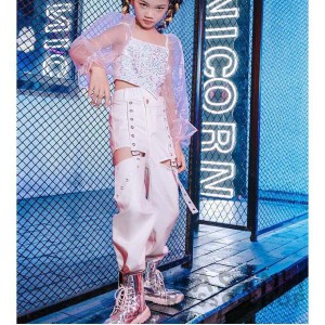 キッズ ダンス衣装 ガールズ ヒップホップ ジャズダンス 韓国 チアガール 応援団 ピンク 白 スパンコール メッシュ セット アップチア へ