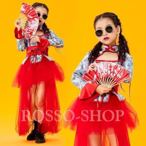 キッズダンス衣装 キッズ セットアップ トップス スカート 韓国 チアダンス衣装 かっこいい メッシュスカート 赤 HIPHOP ステージ衣装 応