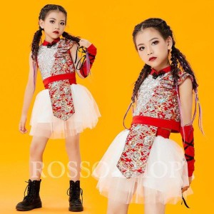 キッズダンス衣装 キッズ セットアップ トップス メッシュスカート 韓国 チアダンス衣装 かっこいい 赤 古典 ステージ衣装 ヒップホップ 