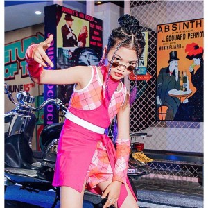 キッズ ダンス衣装 ガールズ ヒップホップ ジャズダンス 韓国 チアガール 応援団 ピンク ラティス スプライシング セット アップチア へ