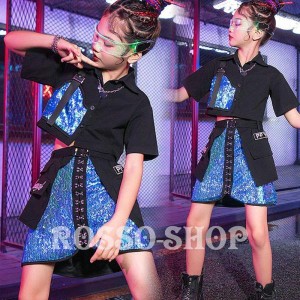 キッズ ダンス衣装 ガールズ キラキラ スパンコール かっこいい 韓国 ヒップホップ ジャズダンス ステージ衣装 セットアップ へそ出し 応