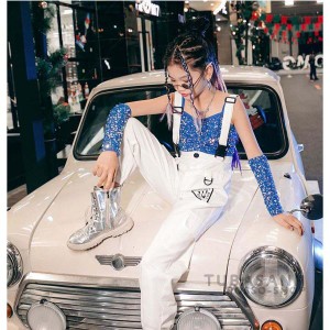 ダンス衣装 キッズ 女の子 スパンコール 青 白セット 韓国  ヒップホップ ジャズダンス衣装 演習  HIPHOP へそ出し ステージ衣装