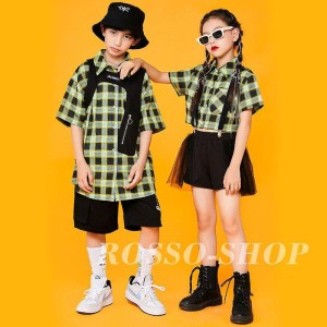 ダンス 衣装 キッズ ガールズ ジャズダンス ヒップホップ HIPHOP チアガール 女の子 男の子 チェック セットアップ へそ出し 演奏会 応援