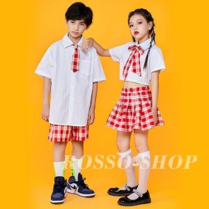 ダンス 衣装 キッズ ガールズ ジャズダンス ヒップホップ HIPHOP チアガール 女の子 男の子 チェック セットアップ へそ出し 演奏会 応援