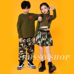 ダンス 衣装 キッズ ガールズ ジャズダンス ヒップホップ HIPHOP チアガール 迷彩 アーミーグリーン 女の子 男の子 セットアップ 練習着