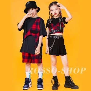 ダンス 衣装 キッズ ガールズ ジャズダンス ヒップホップ HIPHOP チア チアガール チェック柄 女の子 男の子 セットアップ へそ出し 応援