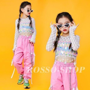 ダンス 衣装 韓国 キラキラ スパンコール ガールズ ジャズダンス ヒップホップ チアガール チア ピンクパンツ セットアップ へそ出し 練