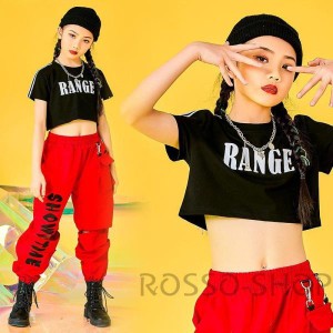 ダンス衣装 キッズ 半袖 黒 トップ 赤 パンツ 韓国 女の子 ジャズダンス衣装 演習  HIPHOP 演奏会 応援団 へそ出し ステージ衣装