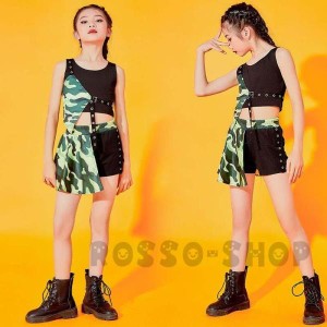 ダンス衣装 キッズ スプライシング 女の子 迷彩スーツ 迷彩キュロット 韓国  ジャズダンス衣装 演習  HIPHOP 迷彩柄 へそ出し ステージ衣