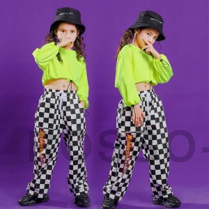 ダンス 衣装 キッズ 韓国 ガールズ トップス パンツ セットアップ チェック 子供 キッズ ダンス 衣装 ヒップホップ ダンスパンツ 黄 応援