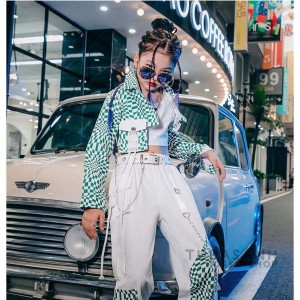 ダンス衣装 キッズ 女の子 緑 白 ラティス セット 韓国 ジャズダンス衣装 演奏会 練習着 HIPHOP へそ出し ステージ衣装 応援団