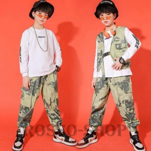 ダンス衣装 キッズ 迷彩 ベスト ヒップホップ HIPHOP 女の子 男の子 ジャズダンス セットアップ トップス パンツ へそ出し