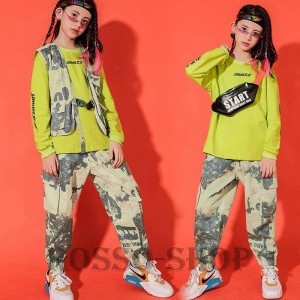 ダンス衣装 キッズ 迷彩 ベスト ヒップホップ HIPHOP 女の子 男の子 ジャズダンス セットアップ トップス 迷彩パンツ へそ出し