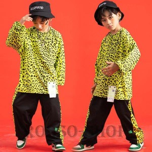 ダンス衣装キッズ ヒョウ柄 グリーン パーカー 男の子 女の子 ヒップホップ HIPHOP セットアップ トップス パンツ へそ出し 韓国