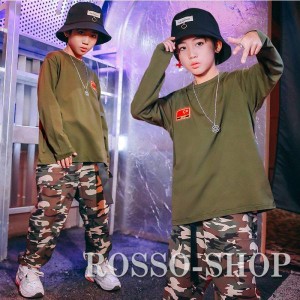 ダンス衣装 キッズ ヒップホップ 男の子 女の子 HIPHOP 迷彩パンツ へそ出し アーミーグリーンTシャツ 長袖 ダンストップス 舞台衣装 体