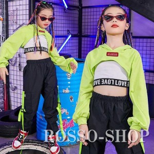 ダンス衣装 キッズ ロックダンス衣装 ガールズ ジャズダンス 子供 へそ出し グリーン 黒 パンツ ヒップホップ フード付き ステージ衣装 