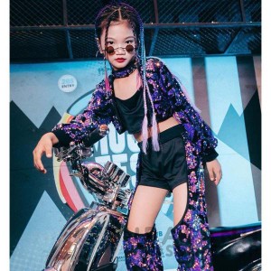 ダンス 衣装 韓国 キッズ ガールズ スパンコール スカーフ 紫の 黒 パンツ セットアップ ジャズダンス ヒップホップ 応援団 HIPHOP