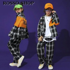 子供服 ヒップホップ キッズダンス衣装 セットアップ ストライプ ダンストップス ｔシャツ 男の子 女の子 ロングパンツ かっこいい チェ