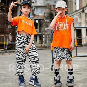 キッズ ダンス衣装 トップス パンツ セットアップ オレンジ シマウマ hiphop ヒップホップ ジャズダンス へそ出し 韓国 演奏会 子供服 練