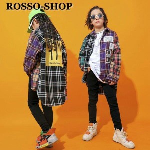 キッズダンス衣装 セットアップ ヒップホップ HIPHOP チェック柄 子供服 長袖 チェックシャツ タンクトップ トップス 長ズボン 体操服