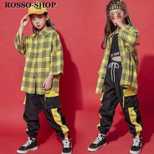 キッズ ダンス衣装 セットアップ ヒップホップ HIPHOP シャツ チェック柄 チャックパンツ 子供服 ダンス 女の子 男の子 ステージ衣装