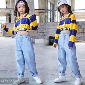 キッズダンス衣装 セットアップ ヒップホップ  HIPHOP ダンストップス デニムパンツ ズボン デニム 子供 女の子 チアガール ステージ衣装