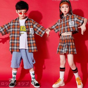 キッズダンス衣装 セットアップ HIPHOP ヒップホップ  チア チェック柄  シャツ スカート デニム パンツ 子供 女の子 チアガール ステー