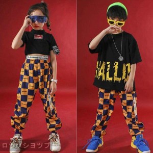 イエロー チェック柄パンツ サルエルパンツ 半袖 ダンストップス シャツ 子供 ダンス衣装 HIPHOP 上下セット 発表会 ダンスウェア 体操服