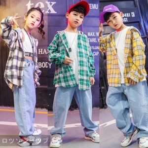 キッズダンス衣装 セットアップ ダンス衣装 ヒップホップ キッズ チェック柄 シャツ デニムパンツ ヒップホップ衣装 セットアップ