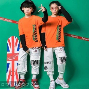 ヒップホップダンス衣装 長袖トップス HIPHOP ダンス 衣装 キッズ 原宿系 ホワイト パンツ ジャズダンス衣装 練習着 体操服 オレンジ ホ