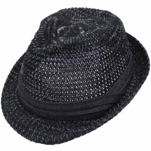 大きいサイズ 帽子 メンズ 中折れハット 中折れハイバック ストローハット 65cm対応 サイズ調節可能 アゼ編みサーモデニム帯 ブラックグ