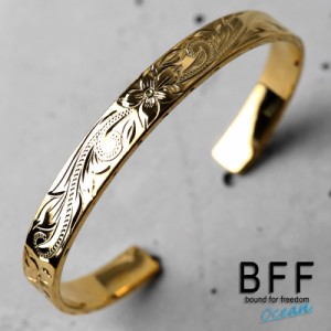 BFF ブランド ハワイアンバングル 幅8mm ゴールド 18K GP gold 平打ちバングル 腕輪 メンズ レディース 手掘り ハワイアンジュエリー 専