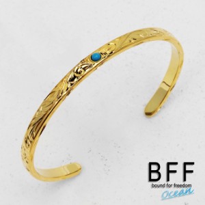 BFF ブランド ハワイアンバングル ターコイズ 幅4mm ゴールド 18K GP gold 平打ちバングル 腕輪 細身 メンズ レディース 手掘り 一粒 ハ