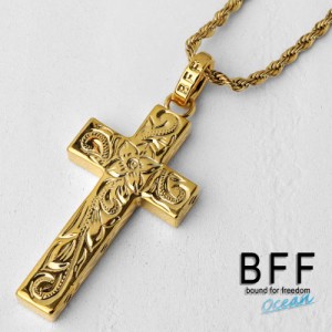 BFF ブランド クロスネックレス ゴールド 18K GP gold 金色 Sサイズ プルメリア 十字架 ハワイアンジュエリー ロープチェーン 彫金 手彫