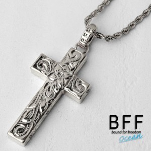 BFF ブランド クロスネックレス シルバー 銀色 silver Sサイズ プルメリア 十字架 ハワイアンジュエリー ロープチェーン 彫金 手彫り 専