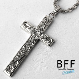 BFF ブランド クロスネックレス シルバー 銀色 silver Lサイズ プルメリア 十字架 ハワイアンジュエリー ロープチェーン 彫金 手彫り 専