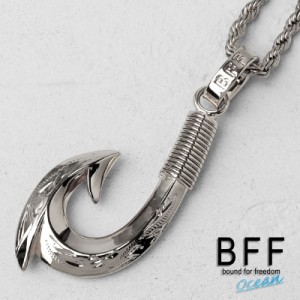 BFF ブランド フィッシュフックネックレス 銀色 シルバー silver マイレ スクロール 釣り針 ハワイアンジュエリー ロープチェーン 彫金 