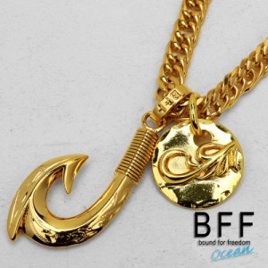 BFF ブランド フィッシュフックネックレス ダブル喜平 6面カット 釣り針 スクロール 唐草 メタル ステンレスチェーン 18K GP ゴールド go