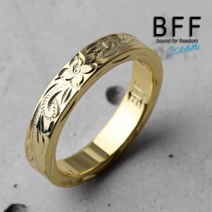 BFF ブランド プルメリア 幅4mm 平打リング ゴールド 18K GP gold 金色 マイレ スクロール フラットバンド ペア ハワイ ハワイアンジュエ